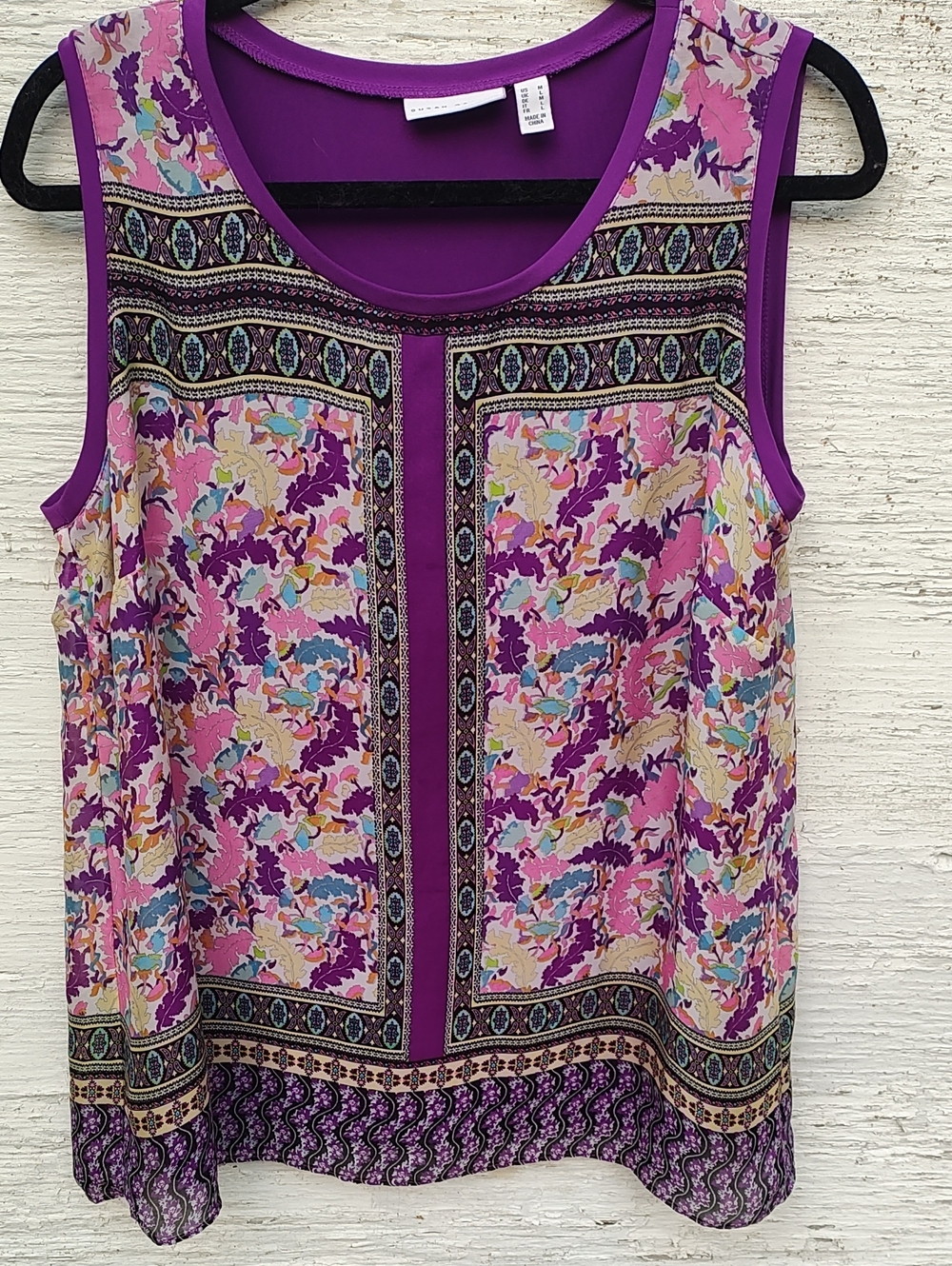 Susan Graver Purple, Pink and Turquoise Floral Border Sleeveless Blouse, Size M